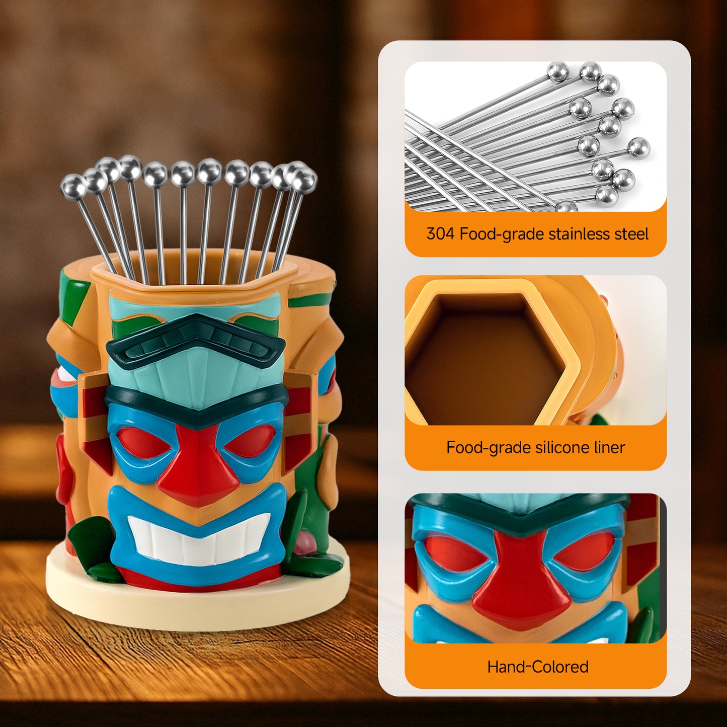 Lexenic Unique Cocktail Picks for Drinks with Tiki Style Holder, 4.3’’ Stainless Steel Cocktail Sticks Martini Picks with Fancy Holder Set for Bars,Restaurants,Sandwiches,Fruits,BBQ-12 Pack