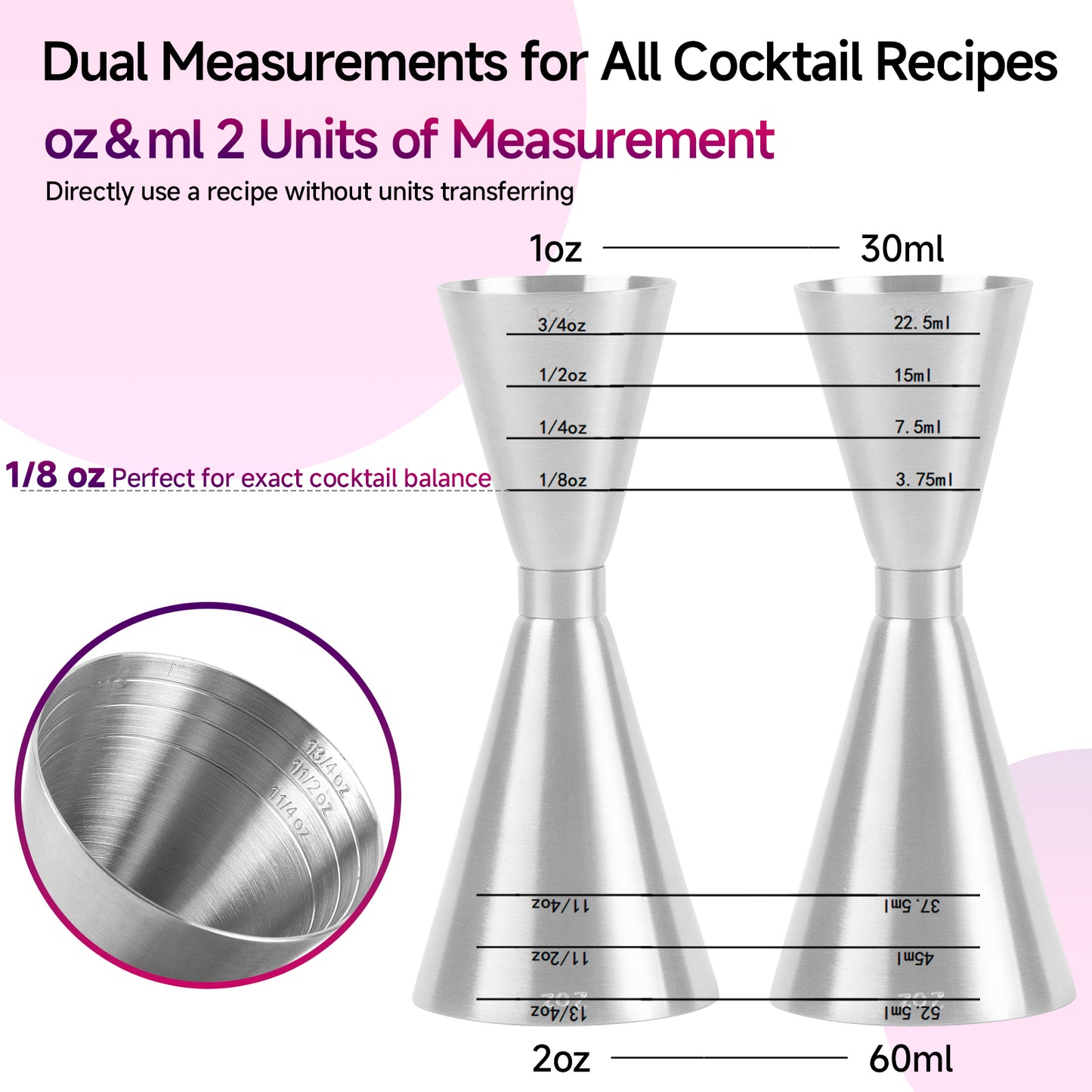 Lexenic oz/ml Dual Markings Jigger for Bartending, 304 Stainless Steel Heavy Duty Double Cocktail Jigger with 7 Measurements Inside, Professional Japanese Bar Tool for Bartender Home Bar Party