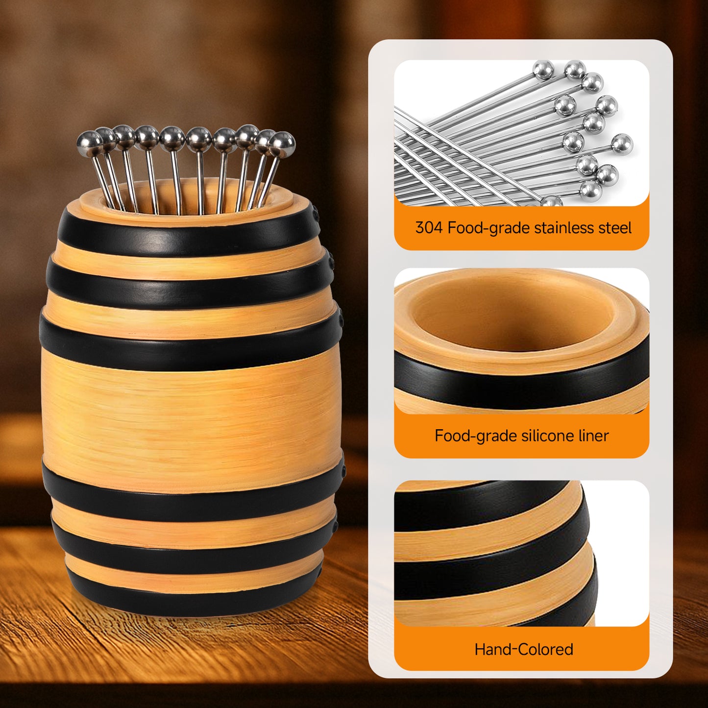 Lexenic Unique Cocktail Picks for Drinks with Barrel Style Holder Kit, Garnish Picks Bloody Mary Skewers, 304 Stainless Steel Martini Picks Metal Cocktail toothpicks for Olives Appetizer Fruit-12 Pack