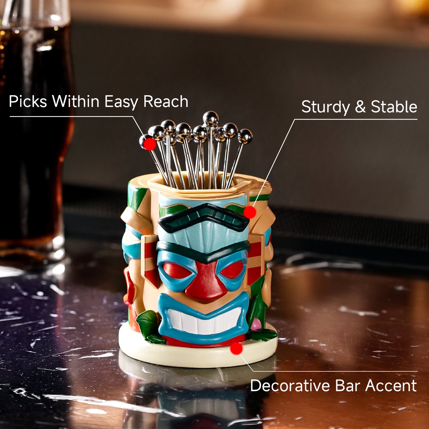 Lexenic Unique Cocktail Picks for Drinks with Tiki Style Holder, 4.3’’ Stainless Steel Cocktail Sticks Martini Picks with Fancy Holder Set for Bars,Restaurants,Sandwiches,Fruits,BBQ-12 Pack