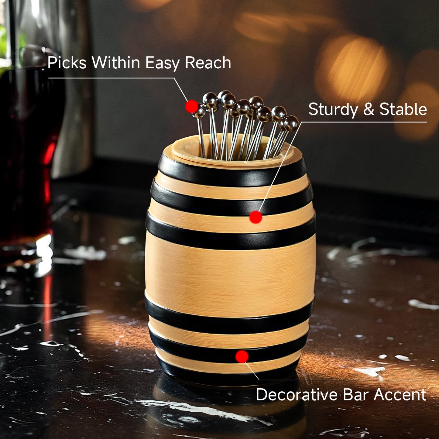 Lexenic Unique Cocktail Picks for Drinks with Barrel Style Holder Kit, Garnish Picks Bloody Mary Skewers, 304 Stainless Steel Martini Picks Metal Cocktail toothpicks for Olives Appetizer Fruit-12 Pack