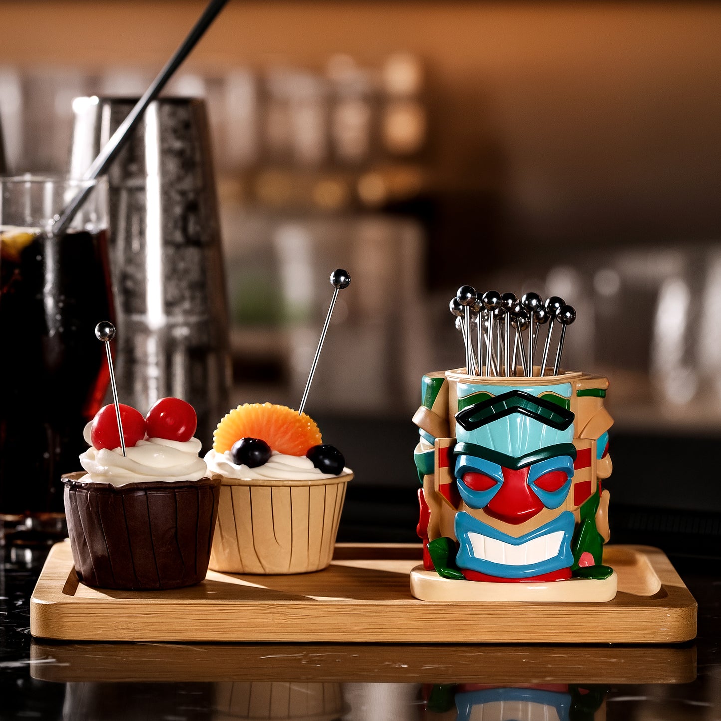 Lexenic Unique Cocktail Picks for Drinks with Tiki Style Holder, 4.3’’ Stainless Steel Cocktail Sticks Martini Picks with Fancy Holder Set for Bars,Restaurants,Sandwiches,Fruits,BBQ-12 Pack