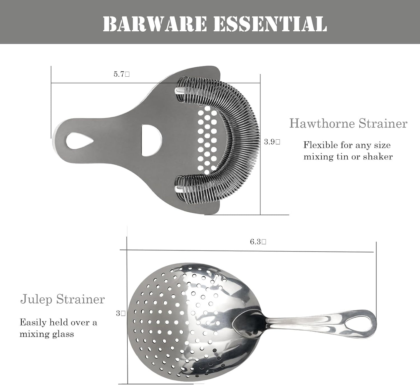 Lexenic Professional Cocktail Strainers Set :304 Stainless Steel Julep Strainer&Spring Bar Strainer Kit for Home Bar and Professional Bartenders,Mixologists (Type A)