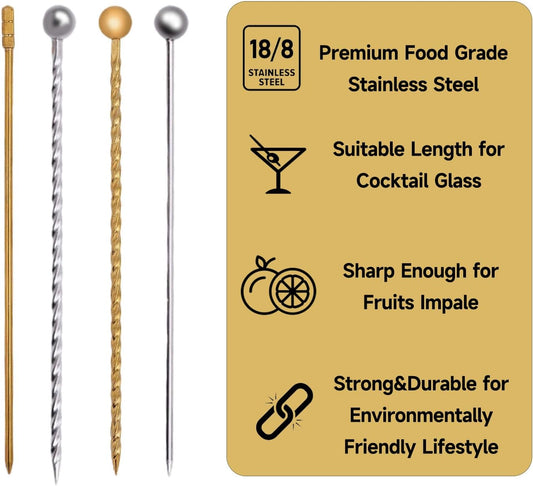 Lexenic 12Pack Metal Cocktail Picks + Holder Kit, Premium 304 Stainless Steel Cocktail Toothpicks,Reusable Skewers,Garnish Picks, Martini Picks for Olives Appetizers Fruit (4 Styles Silvery)