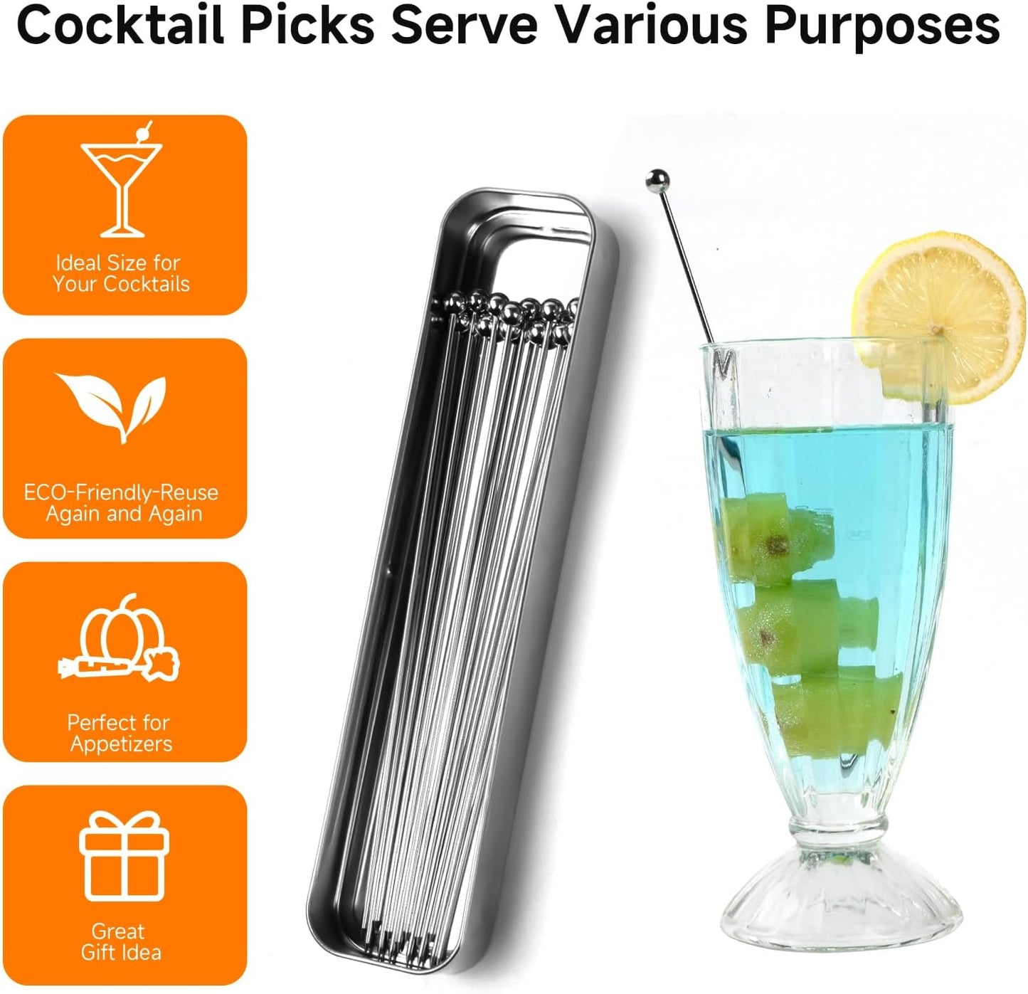 Lexenic 8" Metal Cocktail Picks 15Pack+Storage Box Kit,Premium 304 Stainless Steel Reusable Appetizer Skewers Set for Sandwiches, BBQ Snacks, Cocktails. (8 inch)
