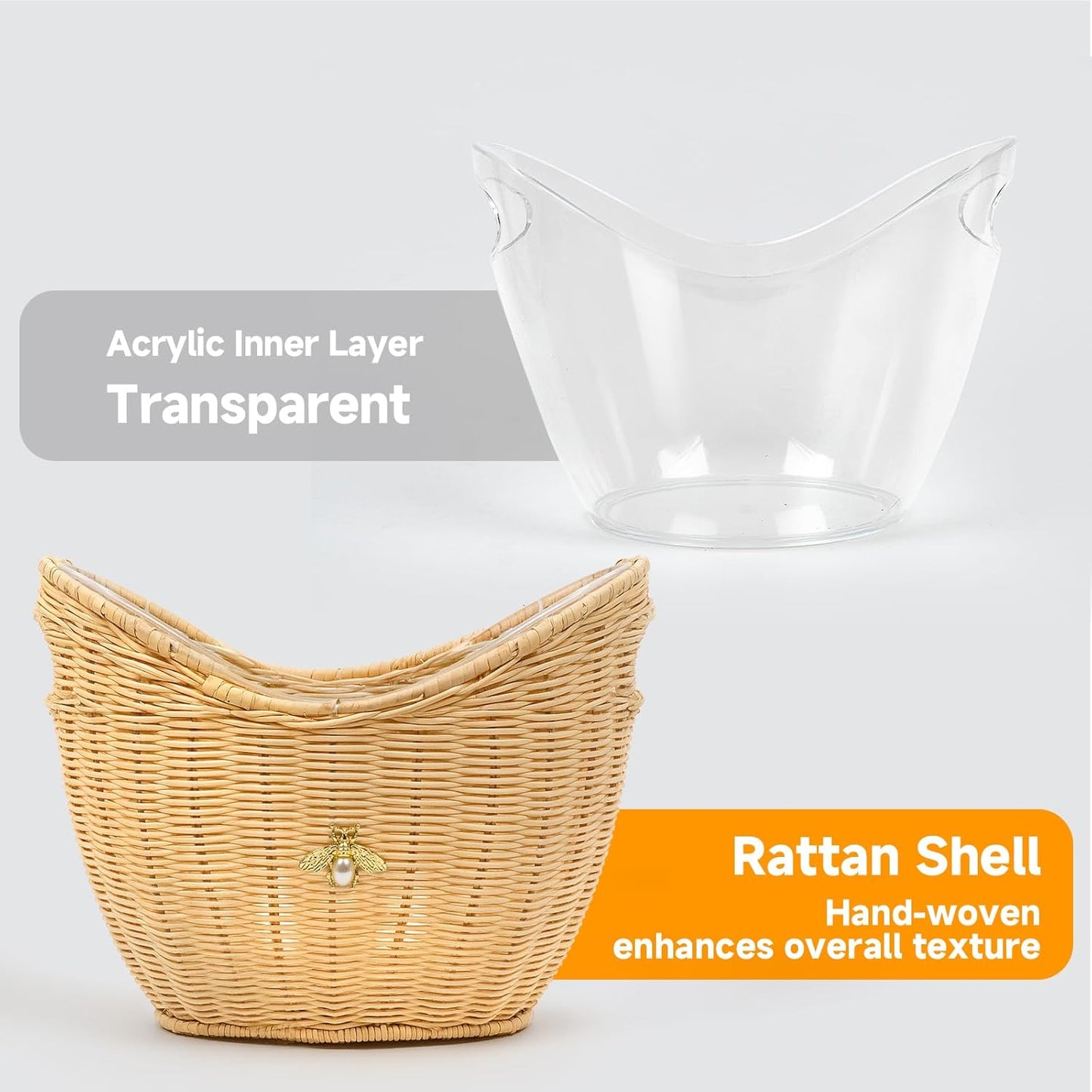 Lexenic Ice Bucket with Handle Hole, Woven and Acrylic Double Layer Basket Design, 4L Champagne Wine Ice Bucket for Cocktail Bar, Parties, Picnics- Anti Frozen Hands Anti Water Leakage (Rattan)