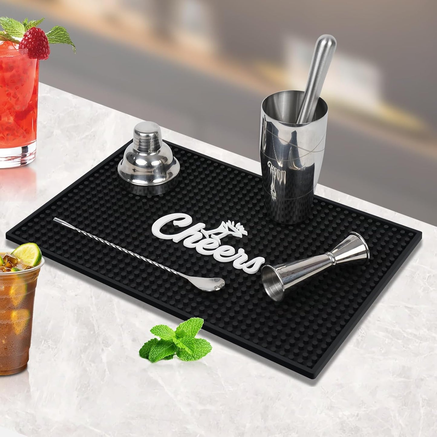 Lexenic Cheers Bar Mat for Home Bar, Retro Quick-Drying Water-Draining Rubber Mat for Kitchen Bar Countertops, Personalized Custom Cocktail Coffee Bar Mat Spill Mat