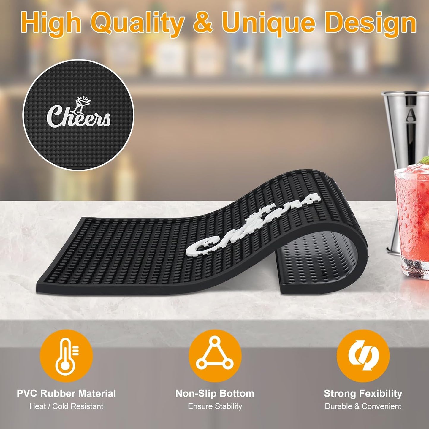 Lexenic Cheers Bar Mat for Home Bar, Retro Quick-Drying Water-Draining Rubber Mat for Kitchen Bar Countertops, Personalized Custom Cocktail Coffee Bar Mat Spill Mat