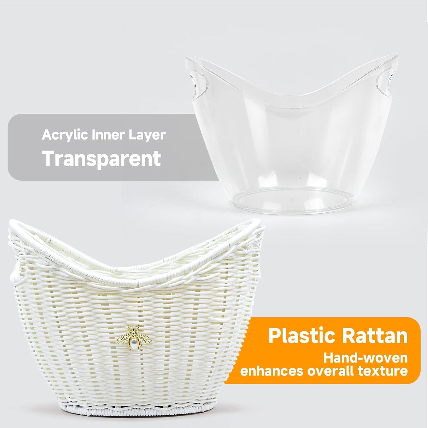 Lexenic Ice Bucket with Handle Hole, Woven and Acrylic Double Layer Basket Design, 4L Champagne Wine Ice Bucket for Cocktail Bar, Parties- Anti Frozen Hands Anti Water Leakage (Plastic-White)