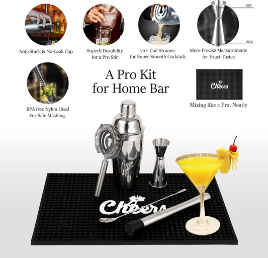 Lexenic Professional Starter Bartender Kit Cocktail Shaker Set,6 Piece - Home Bar Tool Set - Drink Mixer Kit with Accessory Tools: Bar Mat,Martini Shaker, Jigger, Strainer, Bar Spoon, Muddler