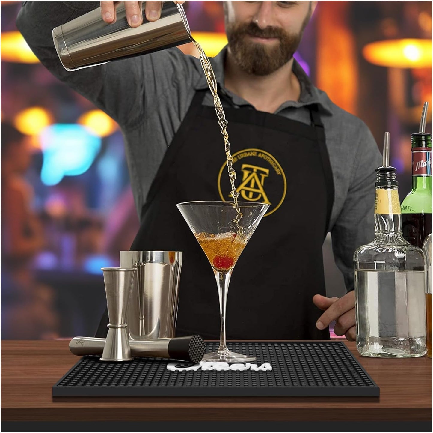 Lexenic Cheers Bar Mat for Home Bar, Retro Quick-Drying Water-Draining Rubber Mat for Kitchen Bar Countertops, Personalized Custom Cocktail Coffee Bar Mat Spill Mat