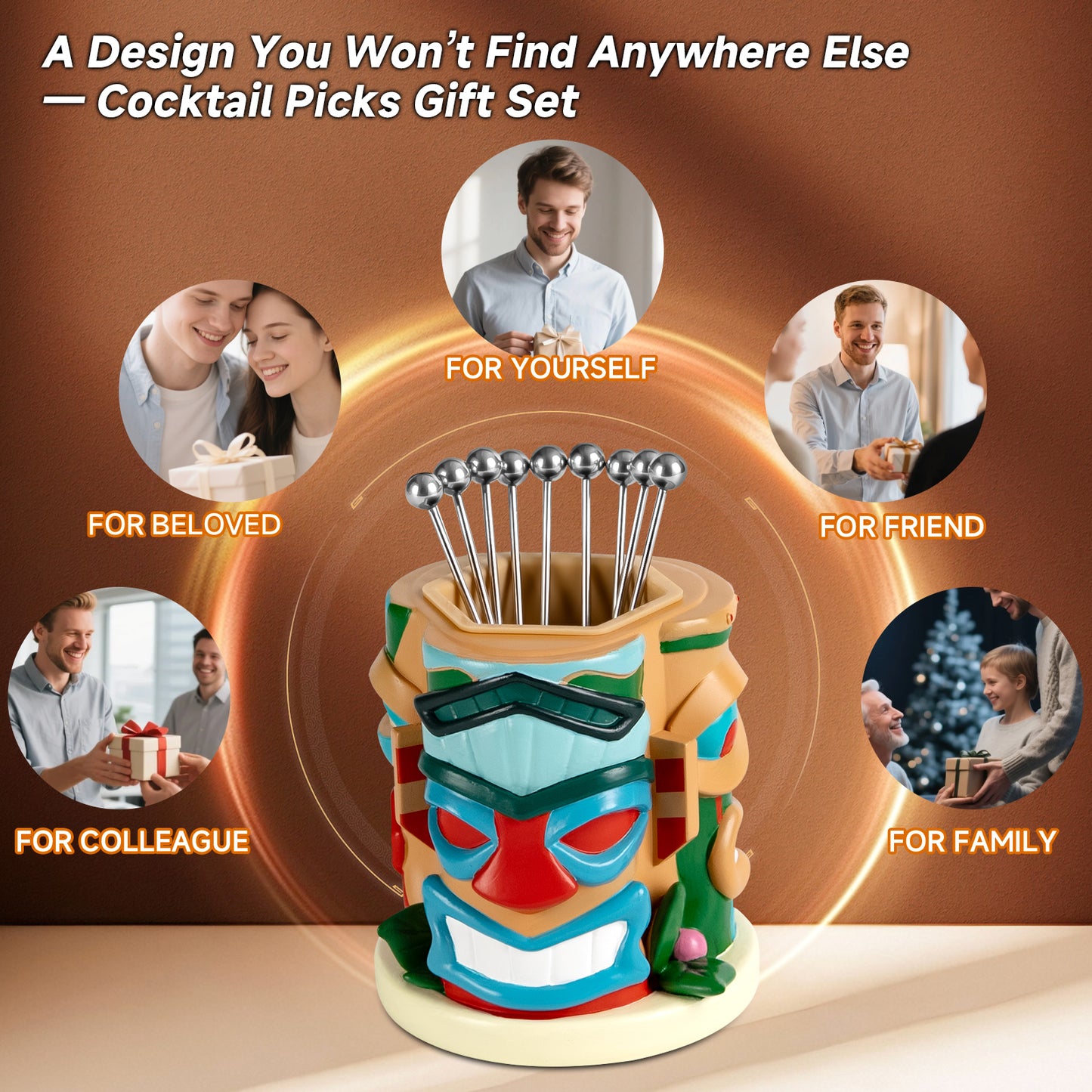 Lexenic Unique Cocktail Picks for Drinks with Tiki Style Holder, 4.3’’ Stainless Steel Cocktail Sticks Martini Picks with Fancy Holder Set for Bars,Restaurants,Sandwiches,Fruits,BBQ-12 Pack