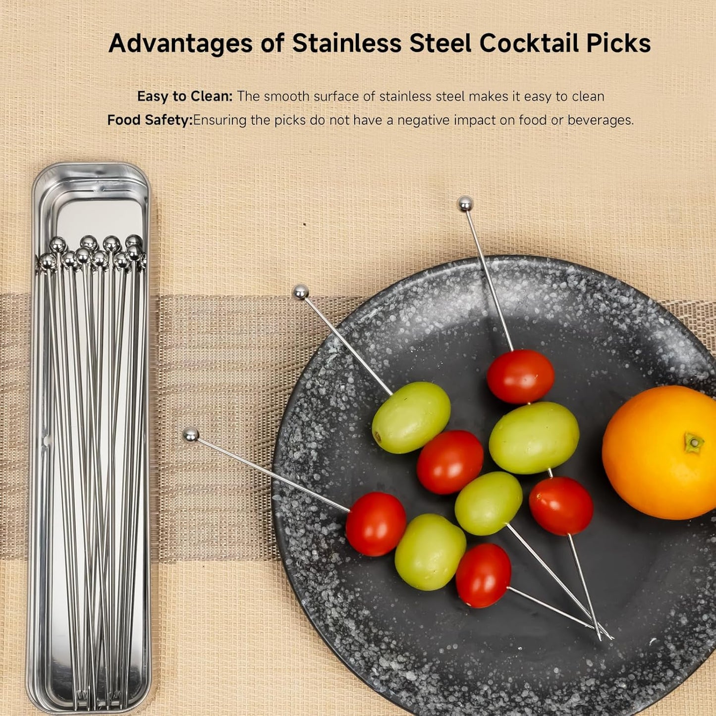 Lexenic 8" Metal Cocktail Picks 15Pack+Storage Box Kit,Premium 304 Stainless Steel Reusable Appetizer Skewers Set for Sandwiches, BBQ Snacks, Cocktails. (8 inch)