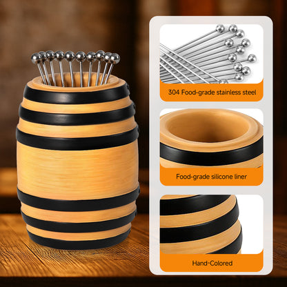 Lexenic Unique Cocktail Picks for Drinks with Barrel Style Holder Kit, Garnish Picks Bloody Mary Skewers, 304 Stainless Steel Martini Picks Metal Cocktail toothpicks for Olives Appetizer Fruit-12 Pack