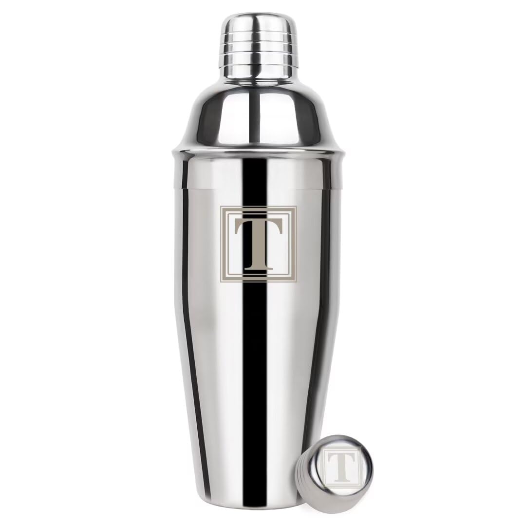 Lexenic Cocktail Shaker 24oz - Monogramm Initials Design Martini Shaker - 304 Stainless Steel Bar Shaker for Margarita,Mojito-Perfect Personalized Gift for Friend,Husband -T