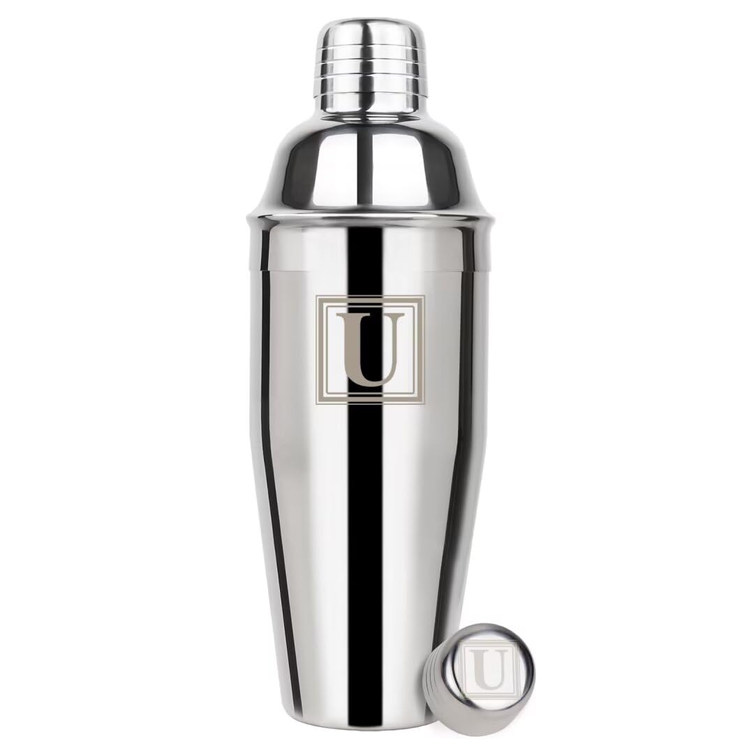Lexenic Cocktail Shaker 24oz - Monogramm Initials Design Martini Shaker - 304 Stainless Steel Bar Shaker for Margarita,Mojito-Perfect Personalized Gift for Friend,Husband -U