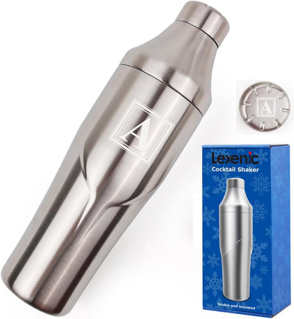Lexenic 24oz Personalized Double Wall Cocktail Shaker - Monogramm Initials Martini Shaker-Insulated Keep Drinks Chilled -No Stuck Twist Lid,Built-in Strainer - Premium Stainless Steel Drink Shaker -A