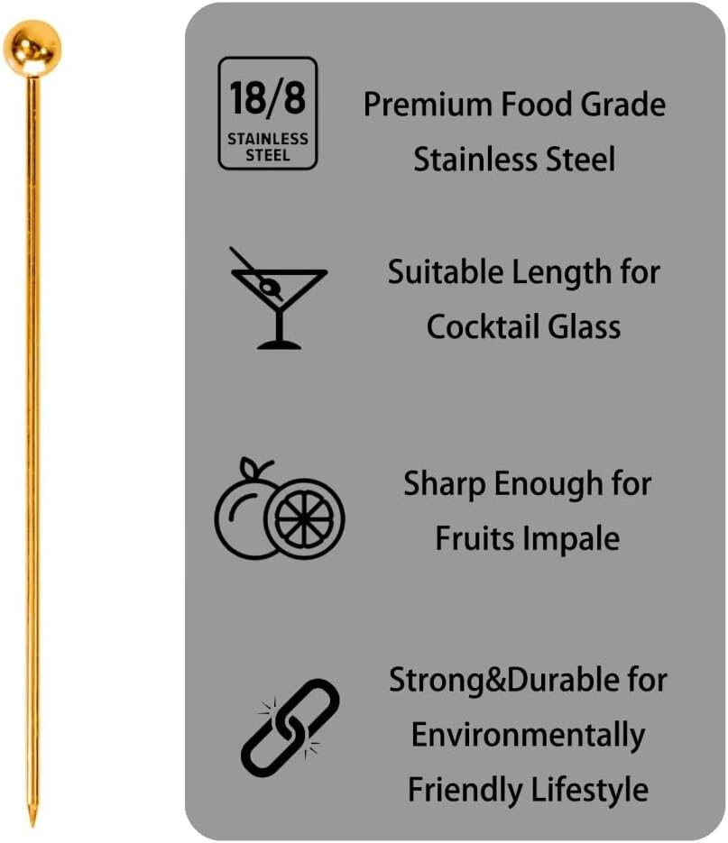 Lexenic 4.3" Gold Metal Cocktail Picks 12Pack+Holder Kit,Premium 304 Stainless Steel Reusable Appetizer Skewers Set for Sandwiches, BBQ Snacks, Cocktails. (4.3 inch)