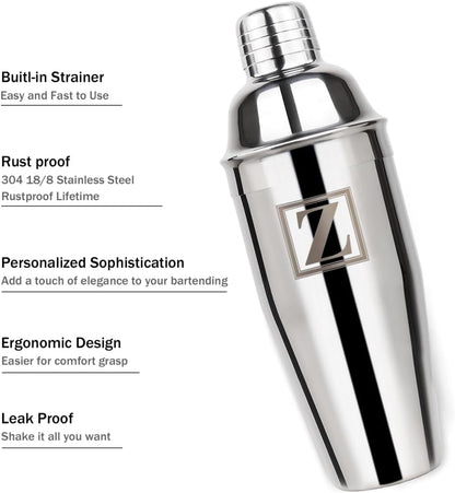 Lexenic Cocktail Shaker 24oz - Monogramm Initials Design Martini Shaker - 304 Stainless Steel Bar Shaker for Margarita,Mojito-Perfect Personalized Gift for Friend,Husband -P