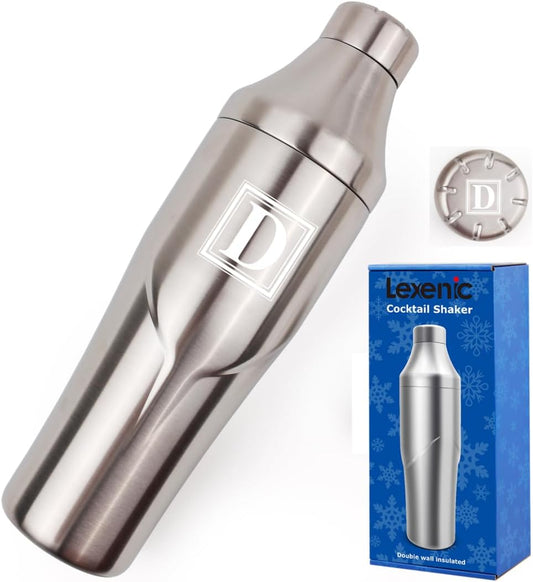 Lexenic 24oz Personalized Double Wall Cocktail Shaker - Monogramm Initials Martini Shaker-Insulated Keep Drinks Chilled -No Stuck Twist Lid,Built-in Strainer - Premium Stainless Steel Drink Shaker -D
