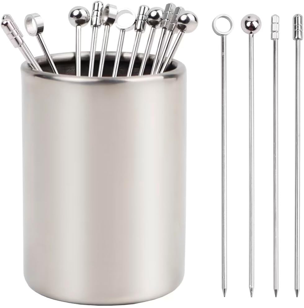 Lexenic 4.3" Metal 4 Styles Cocktail Picks 12Pack+Holder Kit,Premium 304 Stainless Steel Reusable Appetizer Skewers Set for Sandwiches, BBQ Snacks, Cocktails. (4.3 inch)