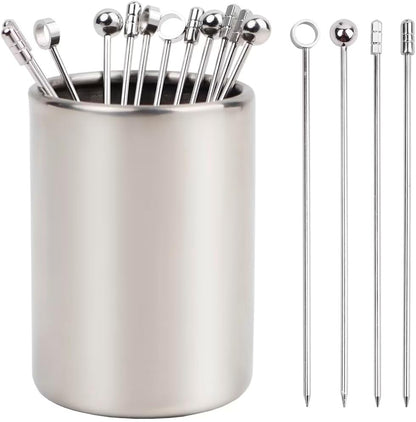 Lexenic 4.3" Metal 4 Styles Cocktail Picks 12Pack+Holder Kit,Premium 304 Stainless Steel Reusable Appetizer Skewers Set for Sandwiches, BBQ Snacks, Cocktails. (4.3 inch)
