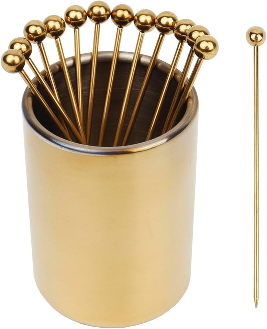 Lexenic 4.3" Gold Metal Cocktail Picks 12Pack+Holder Kit,Premium 304 Stainless Steel Reusable Appetizer Skewers Set for Sandwiches, BBQ Snacks, Cocktails. (4.3 inch)