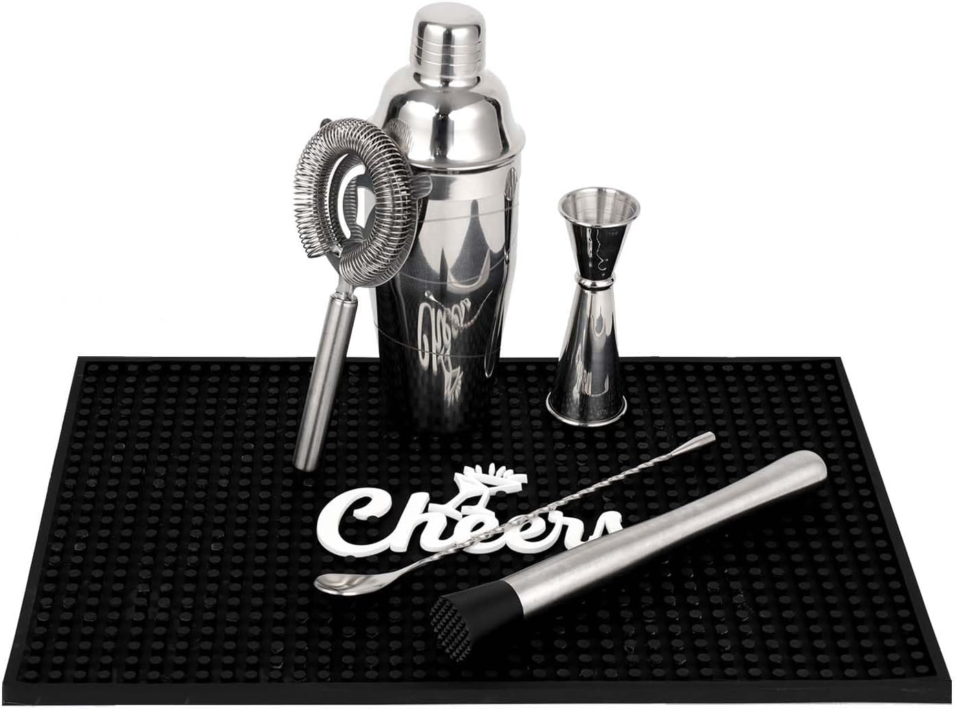 Lexenic Professional Starter Bartender Kit Cocktail Shaker Set,6 Piece - Home Bar Tool Set - Drink Mixer Kit with Accessory Tools: Bar Mat,Martini Shaker, Jigger, Strainer, Bar Spoon, Muddler
