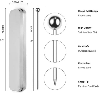 Lexenic 8" Metal Cocktail Picks 15Pack+Storage Box Kit,Premium 304 Stainless Steel Reusable Appetizer Skewers Set for Sandwiches, BBQ Snacks, Cocktails. (8 inch)
