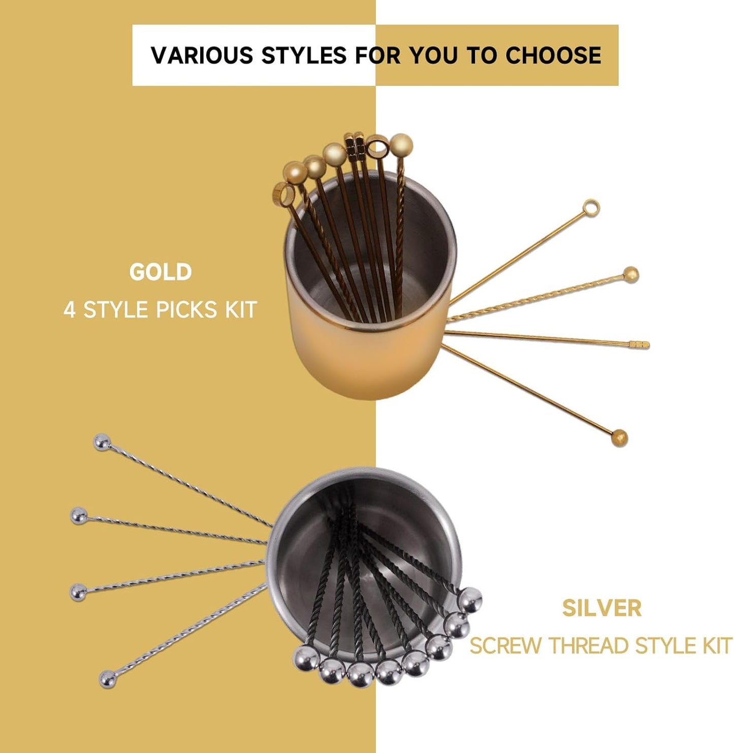 Lexenic 12Pack Metal Cocktail Picks + Holder Kit, Premium 304 Stainless Steel Cocktail Toothpicks,Reusable Skewers,Garnish Picks, Martini Picks for Olives Appetizers Fruit (12 Threads Golden)