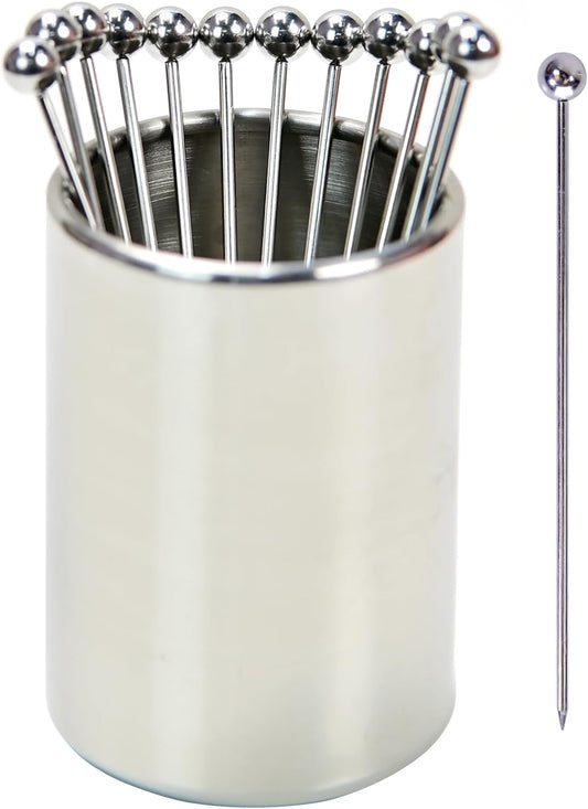 Lexenic 4.3" Metal Cocktail Picks 12Pack+Holder Kit,Premium 304 Stainless Steel Reusable Appetizer Skewers Set for Sandwiches, BBQ Snacks, Cocktails. (4.3 inch)