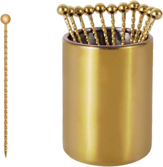 Lexenic 12Pack Metal Cocktail Picks + Holder Kit, Premium 304 Stainless Steel Cocktail Toothpicks,Reusable Skewers,Garnish Picks, Martini Picks for Olives Appetizers Fruit (12 Threads Golden)