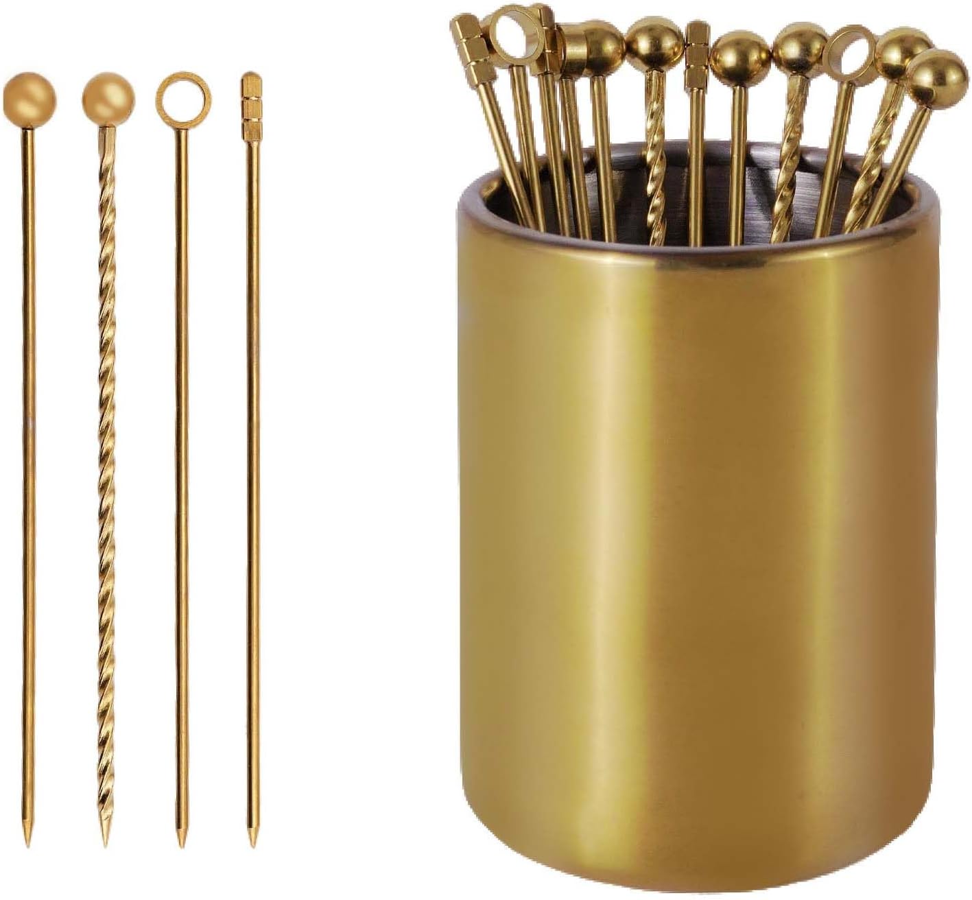 Lexenic 12Pack Metal Cocktail Picks + Holder Kit, Premium 304 Stainless Steel Cocktail Toothpicks,Reusable Skewers,Garnish Picks, Martini Picks for Olives Appetizers Fruit (4 Styles Golden)