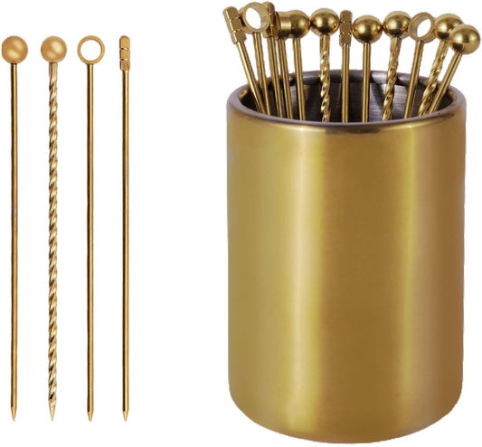 Lexenic 12Pack Metal Cocktail Picks + Holder Kit, Premium 304 Stainless Steel Cocktail Toothpicks,Reusable Skewers,Garnish Picks, Martini Picks for Olives Appetizers Fruit (4 Styles Golden)