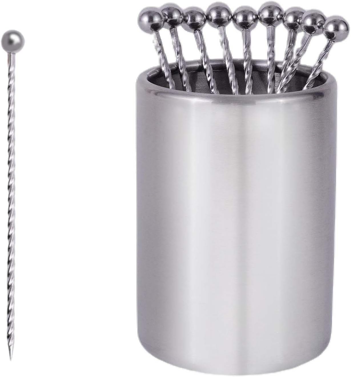 Lexenic 12Pack Metal Cocktail Picks + Holder Kit, Premium 304 Stainless Steel Cocktail Toothpicks,Reusable Skewers,Garnish Picks, Martini Picks for Olives Appetizers Fruit (12 Threads Silvery)