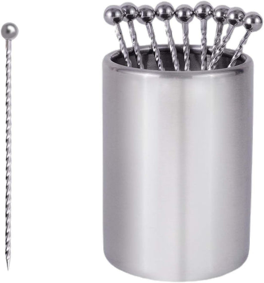 Lexenic 12Pack Metal Cocktail Picks + Holder Kit, Premium 304 Stainless Steel Cocktail Toothpicks,Reusable Skewers,Garnish Picks, Martini Picks for Olives Appetizers Fruit (12 Threads Silvery)