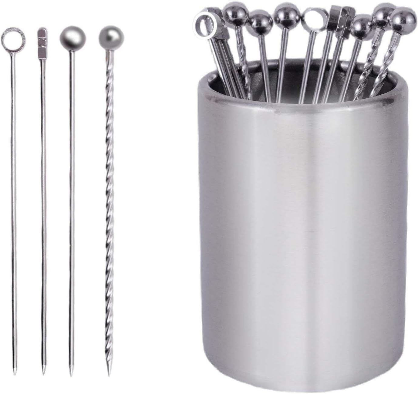 Lexenic 12Pack Metal Cocktail Picks + Holder Kit, Premium 304 Stainless Steel Cocktail Toothpicks,Reusable Skewers,Garnish Picks, Martini Picks for Olives Appetizers Fruit (4 Styles Silvery)