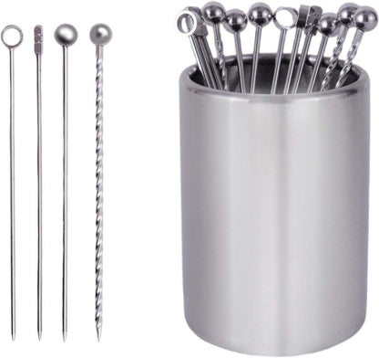 Lexenic 12Pack Metal Cocktail Picks + Holder Kit, Premium 304 Stainless Steel Cocktail Toothpicks,Reusable Skewers,Garnish Picks, Martini Picks for Olives Appetizers Fruit (4 Styles Silvery)
