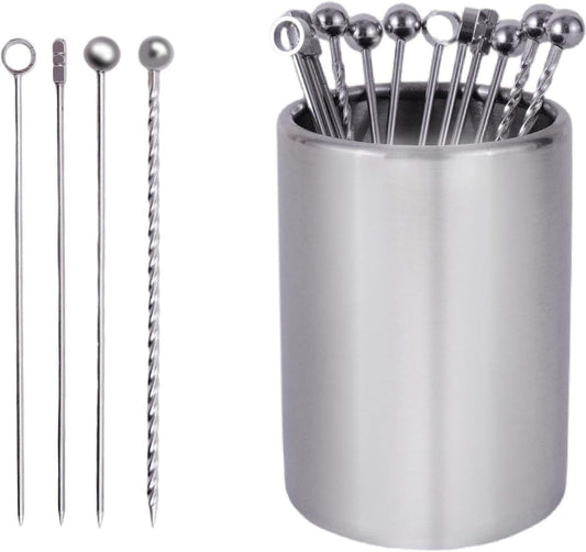 Lexenic 12Pack Metal Cocktail Picks + Holder Kit, Premium 304 Stainless Steel Cocktail Toothpicks,Reusable Skewers,Garnish Picks, Martini Picks for Olives Appetizers Fruit (4 Styles Silvery)