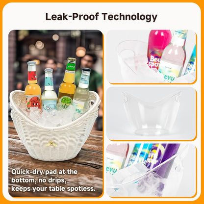 Lexenic Ice Bucket with Handle Hole, Woven and Acrylic Double Layer Basket Design, 4L Champagne Wine Ice Bucket for Cocktail Bar, Parties- Anti Frozen Hands Anti Water Leakage (Plastic-White)