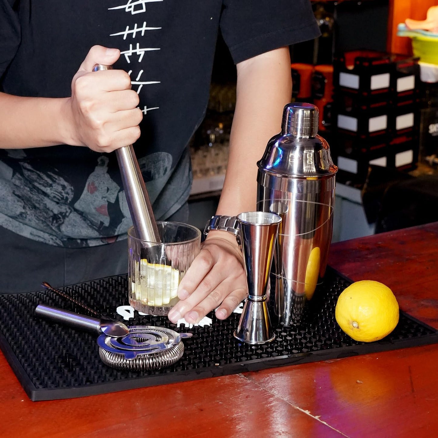 Lexenic Professional Starter Bartender Kit Cocktail Shaker Set,6 Piece - Home Bar Tool Set - Drink Mixer Kit with Accessory Tools: Bar Mat,Martini Shaker, Jigger, Strainer, Bar Spoon, Muddler