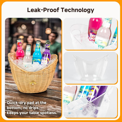 Lexenic Ice Bucket with Handle Hole, Woven and Acrylic Double Layer Basket Design, 4L Champagne Wine Ice Bucket for Cocktail Bar, Parties, Picnics- Anti Frozen Hands Anti Water Leakage (Rattan)