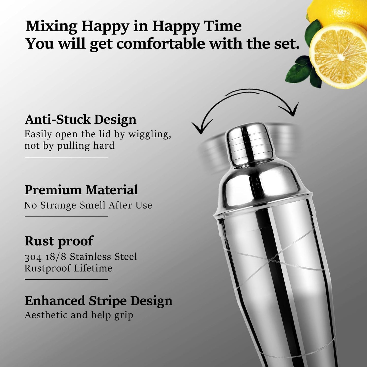 Lexenic Professional Starter Bartender Kit Cocktail Shaker Set,6 Piece - Home Bar Tool Set - Drink Mixer Kit with Accessory Tools: Bar Mat,Martini Shaker, Jigger, Strainer, Bar Spoon, Muddler