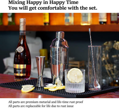 Lexenic Professional Starter Bartender Kit Cocktail Shaker Set,6 Piece - Home Bar Tool Set - Drink Mixer Kit with Accessory Tools: Bar Mat,Martini Shaker, Jigger, Strainer, Bar Spoon, Muddler