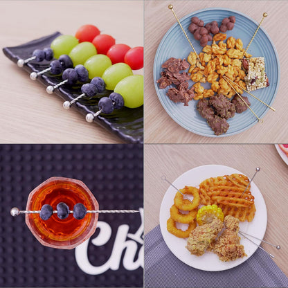 Lexenic 12Pack Metal Cocktail Picks + Holder Kit, Premium 304 Stainless Steel Cocktail Toothpicks,Reusable Skewers,Garnish Picks, Martini Picks for Olives Appetizers Fruit (4 Styles Silvery)