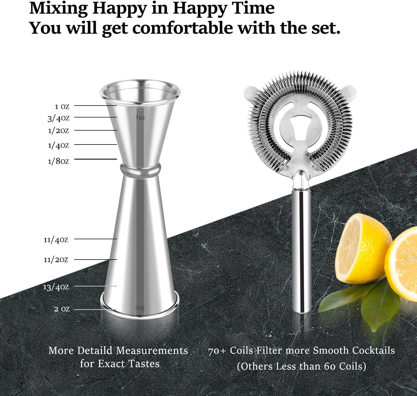 Lexenic Professional Starter Bartender Kit Cocktail Shaker Set,6 Piece - Home Bar Tool Set - Drink Mixer Kit with Accessory Tools: Bar Mat,Martini Shaker, Jigger, Strainer, Bar Spoon, Muddler