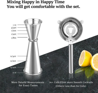 Lexenic Professional Starter Bartender Kit Cocktail Shaker Set,6 Piece - Home Bar Tool Set - Drink Mixer Kit with Accessory Tools: Bar Mat,Martini Shaker, Jigger, Strainer, Bar Spoon, Muddler